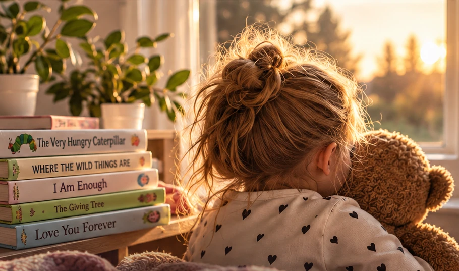 A child cuddling a teddy bear beside a prominent stack of picture books in warm evening sunlight