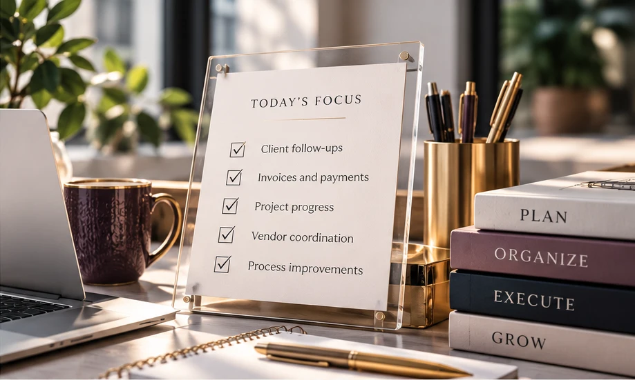 An organized office workspace with a beautifully presented checklist for client follow-ups, invoices, project progress, and vendor coordination