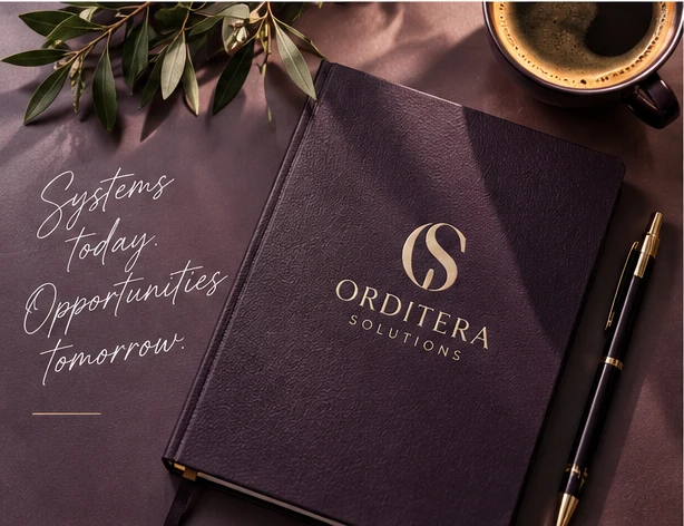 An Orditera-branded notebook and pen on a professional desk